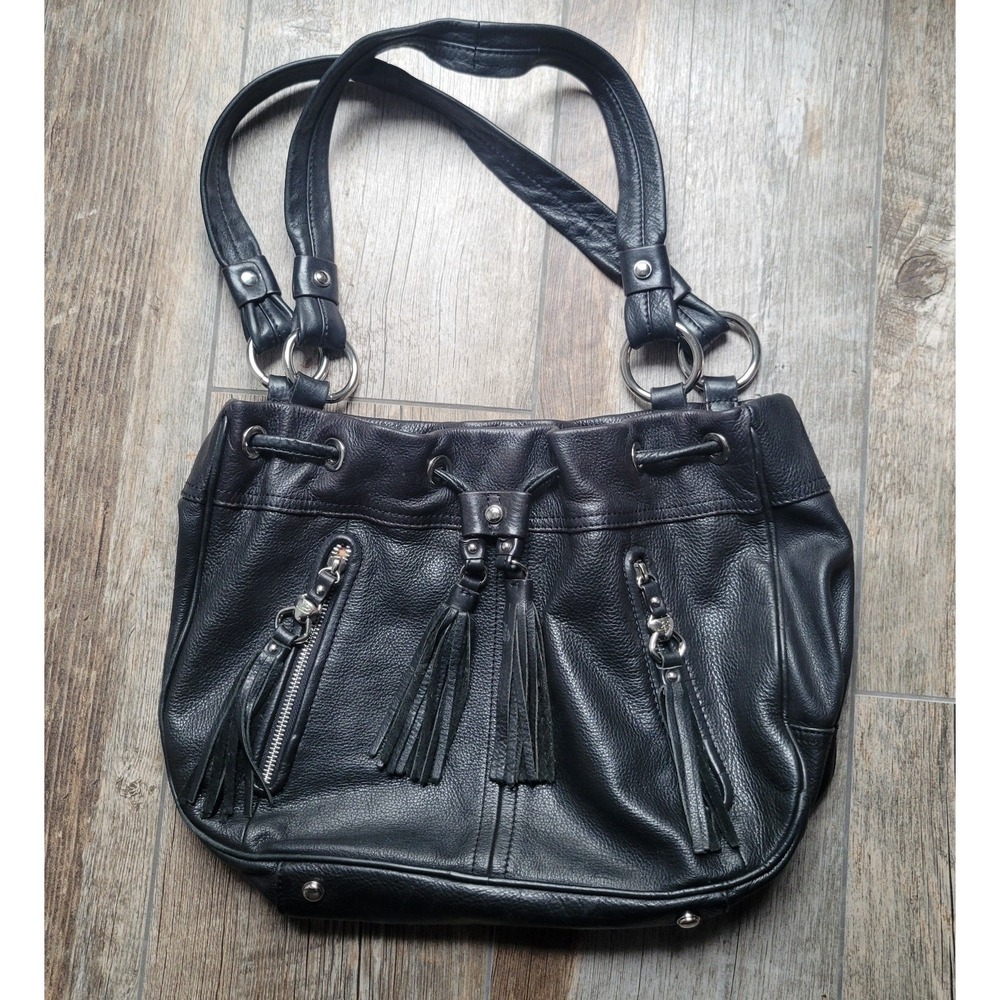 b. makowsky Black Leather Hobo Bag with Tassels